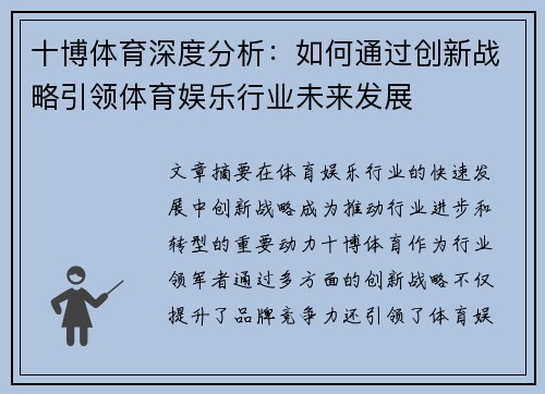 十博体育深度分析：如何通过创新战略引领体育娱乐行业未来发展
