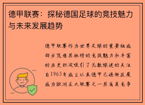 德甲联赛：探秘德国足球的竞技魅力与未来发展趋势